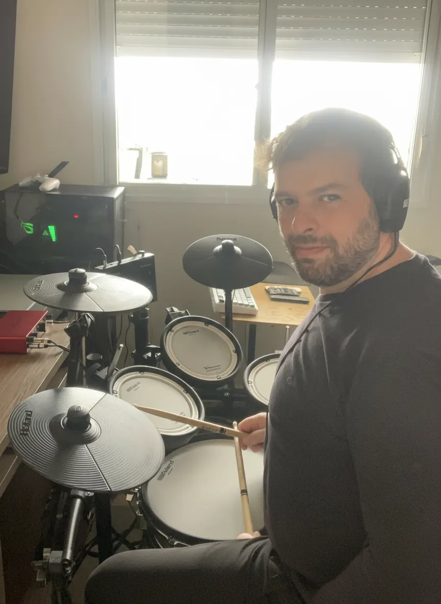 Fabio Menezes com baquetas e bateria eletrônica no estúdio